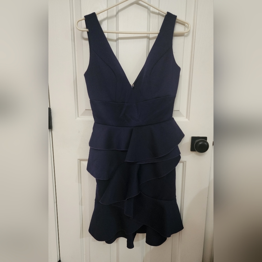 Jovani Navy Blue Layered Midi Dress